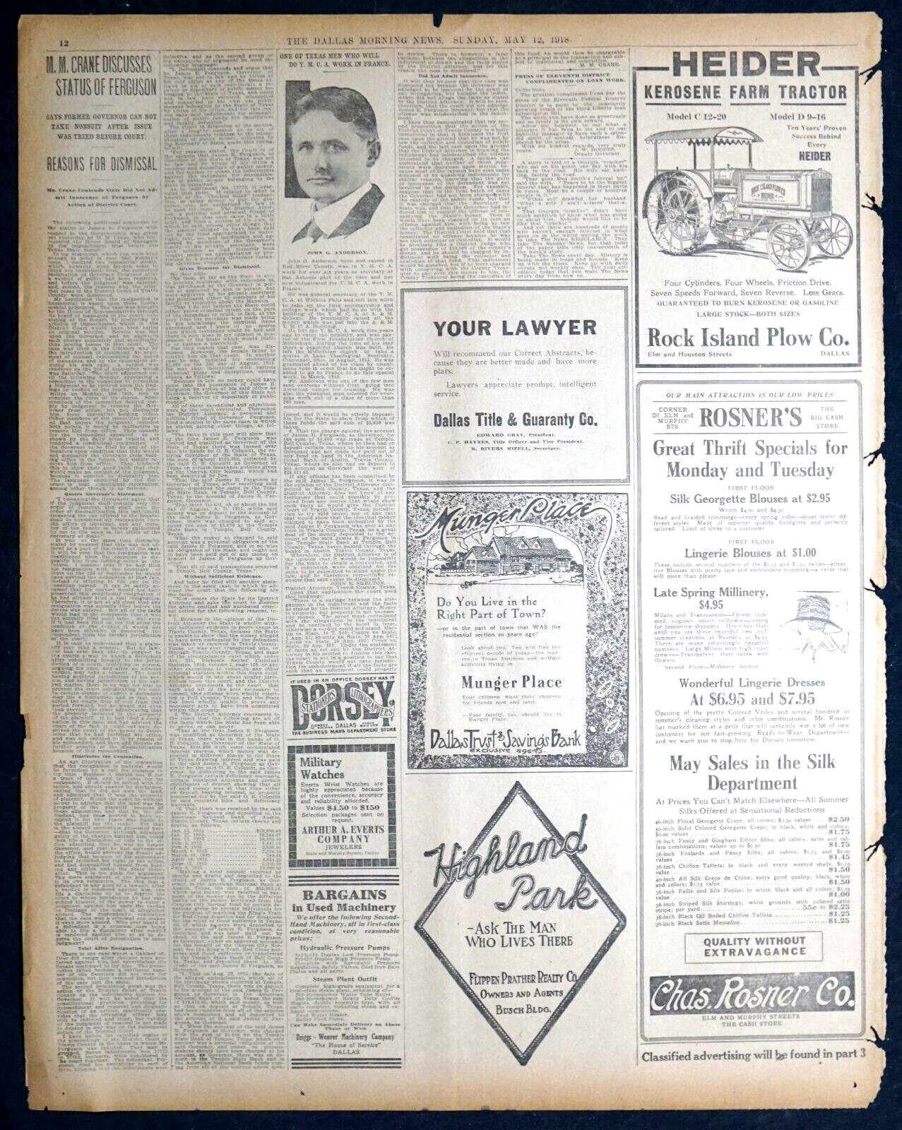 1918 Dallas Newspaper Page – Rock Island Plow Co. Heider Kerosene Tractor Ad