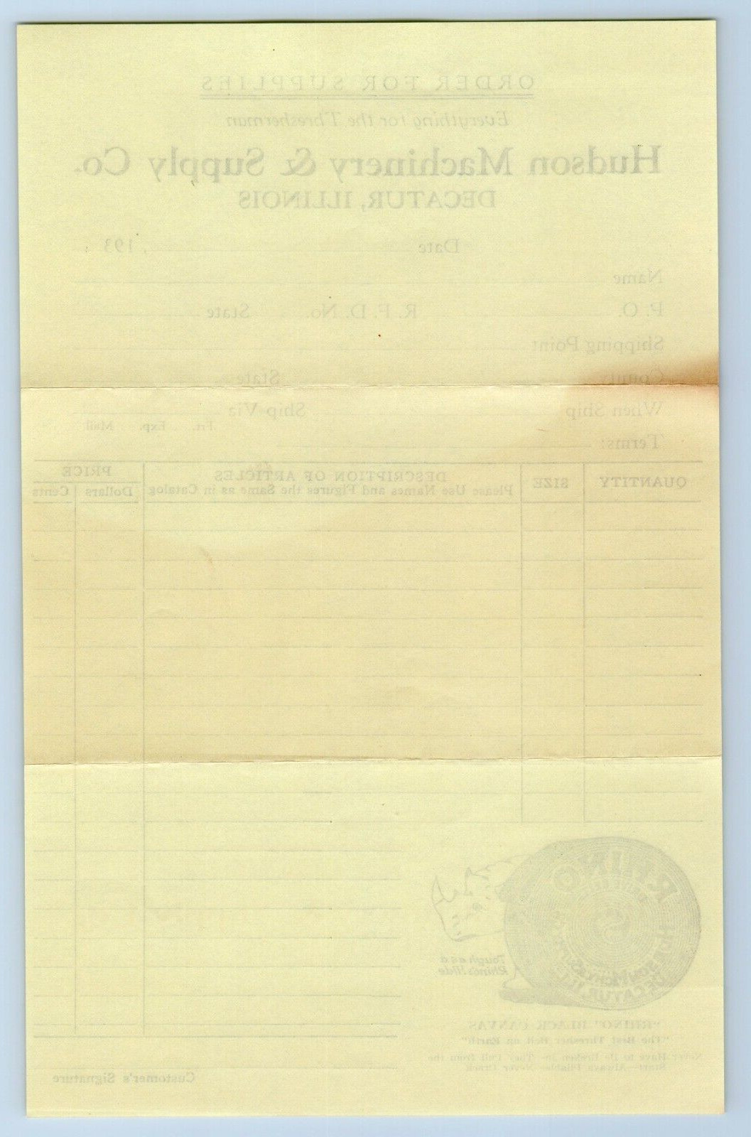 1936 Hudson Machinery Supply Co. Decatur Illinois Catalog Price List Letterhead