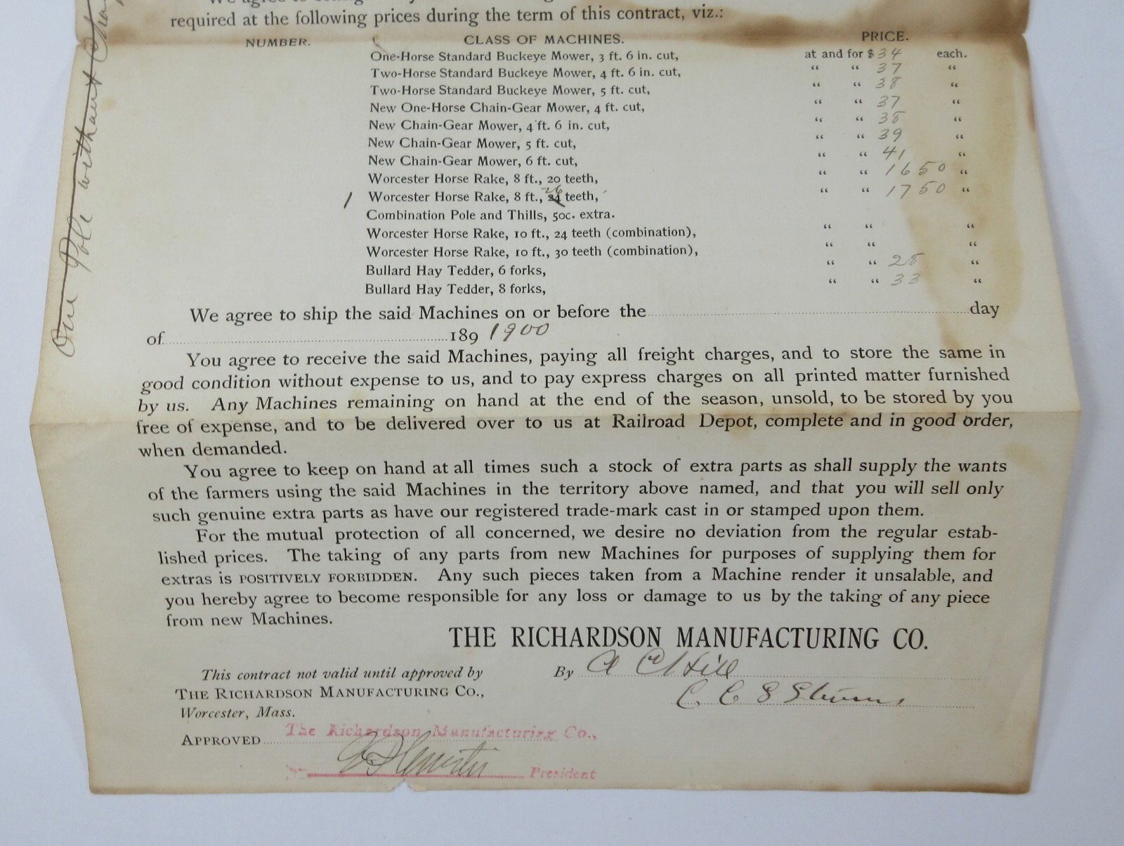 Buckeye Mower Richardson Farm Implements Salesman Agreement Territory Stock 1900