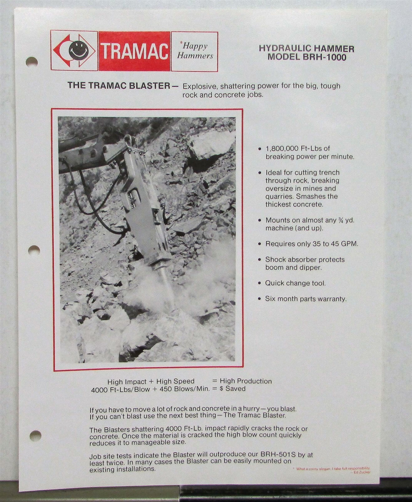 1970s Tramac Happy Hammers BRH-1000 Construction Sales Data Sheet