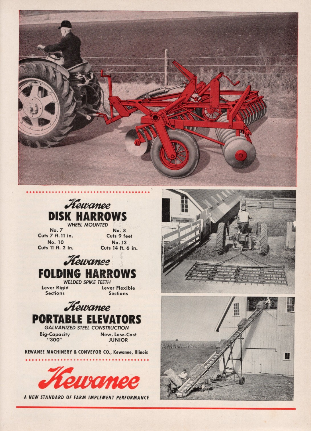 1954 Dealer Print Ad of Kewanee Tractor Disk Harrow & Portable Elevator