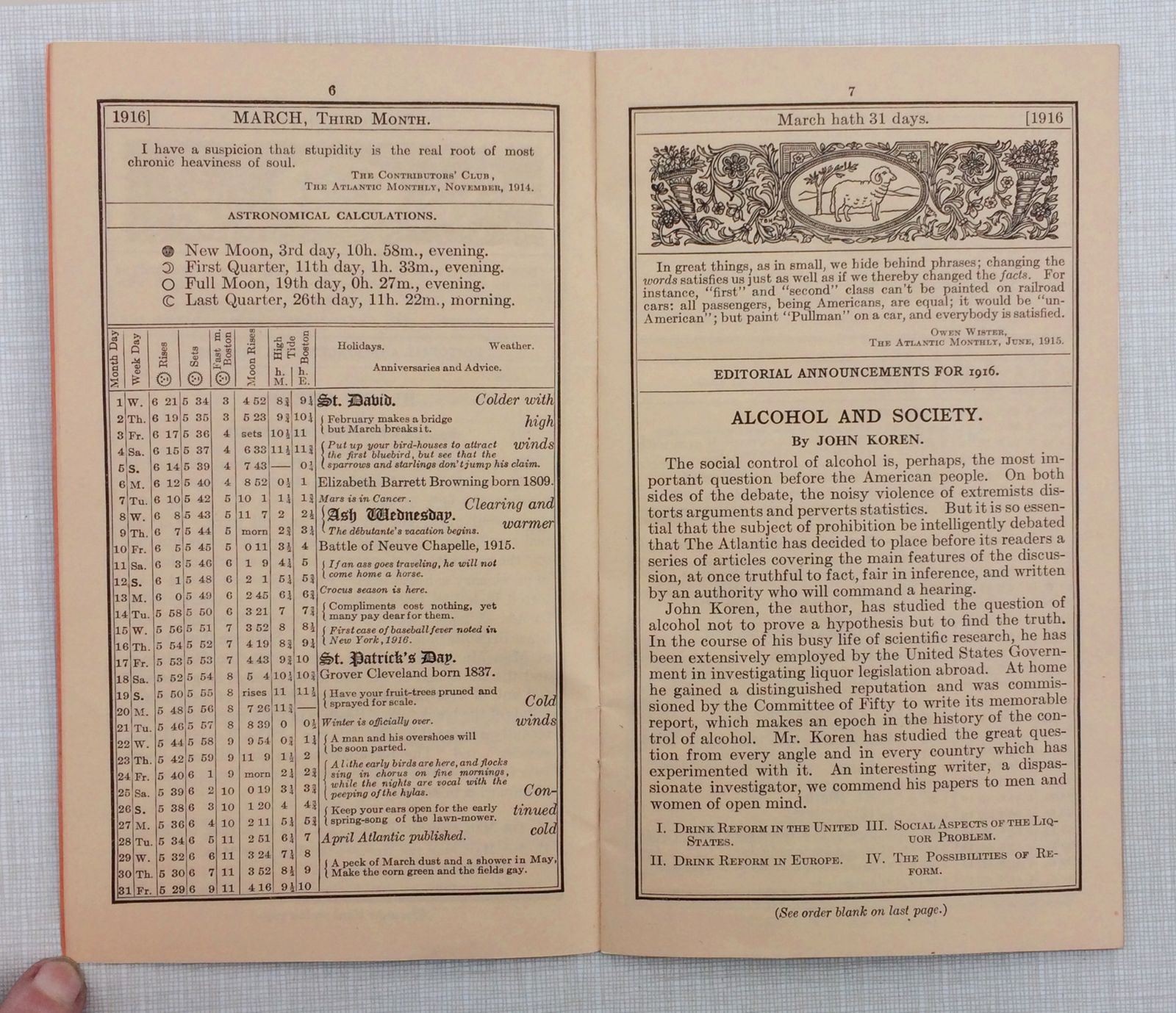 1916 THE ATLANTIC MONTHLY LITERARY ALMANAC, BOSTON MASSACHUSETTS