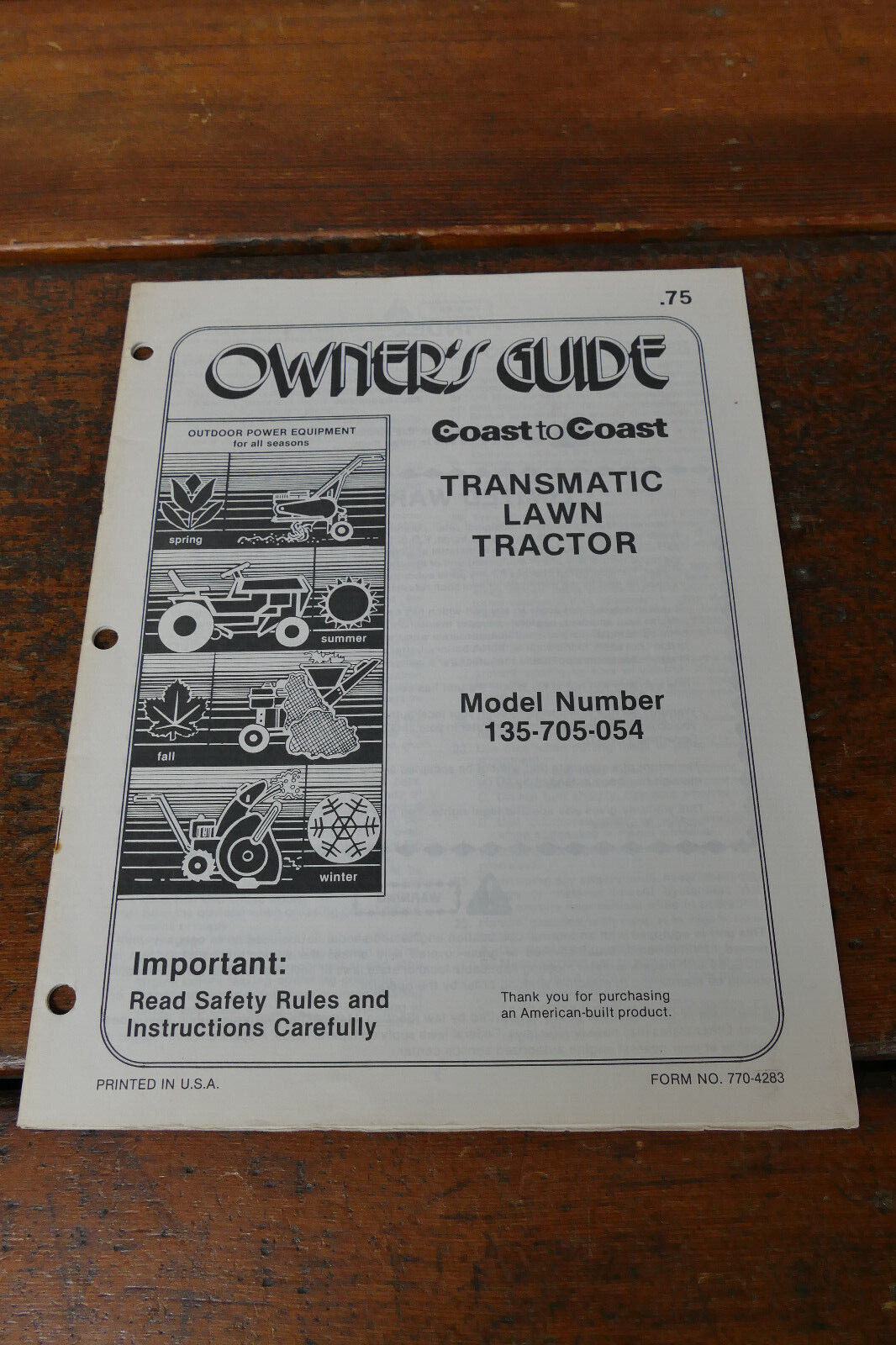 1983 Coast to Coast Owner&rsquo;s Manual Transmatic Lawn Tractor Model # 135-705-054