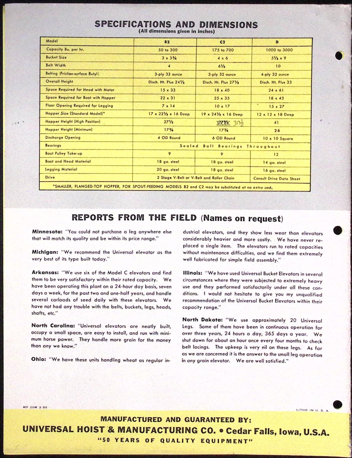 1956 Universal Hoist & Mfg Co Agricultural Bucket Elevators Dealer Brochure