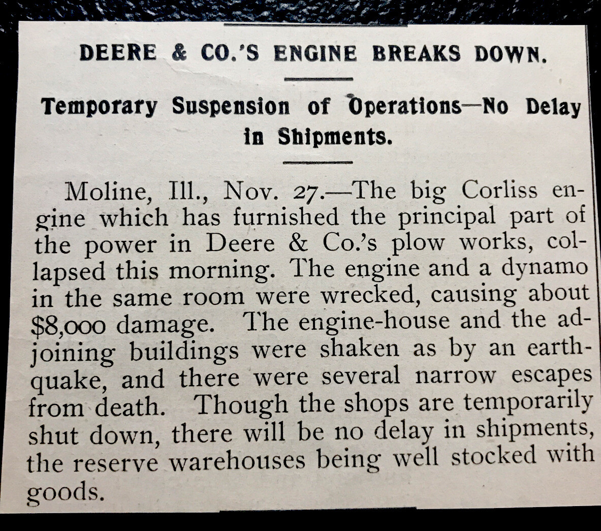 ORIGINAL 1897 Deere & Co. Plow Works Corliss Engine Breaks Down Article – Moline