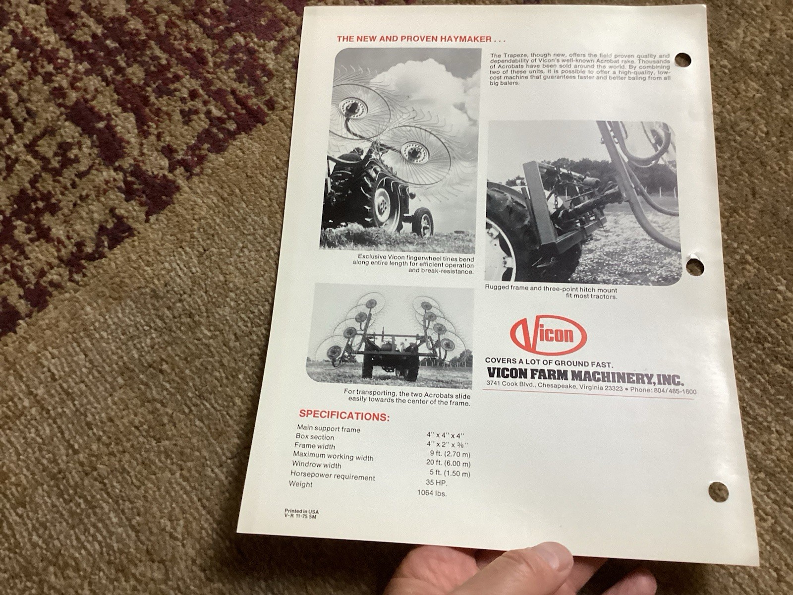 (5) 1975-6 Vicon Brochures – Rake, Harrow, Chisel Plow, Spreader