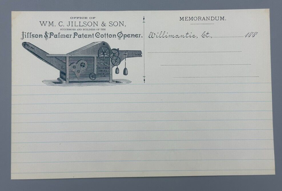 1880s Jillson & Palmer Patent COTTON GIN Opener FARM Advertising WILIMANTIC CT