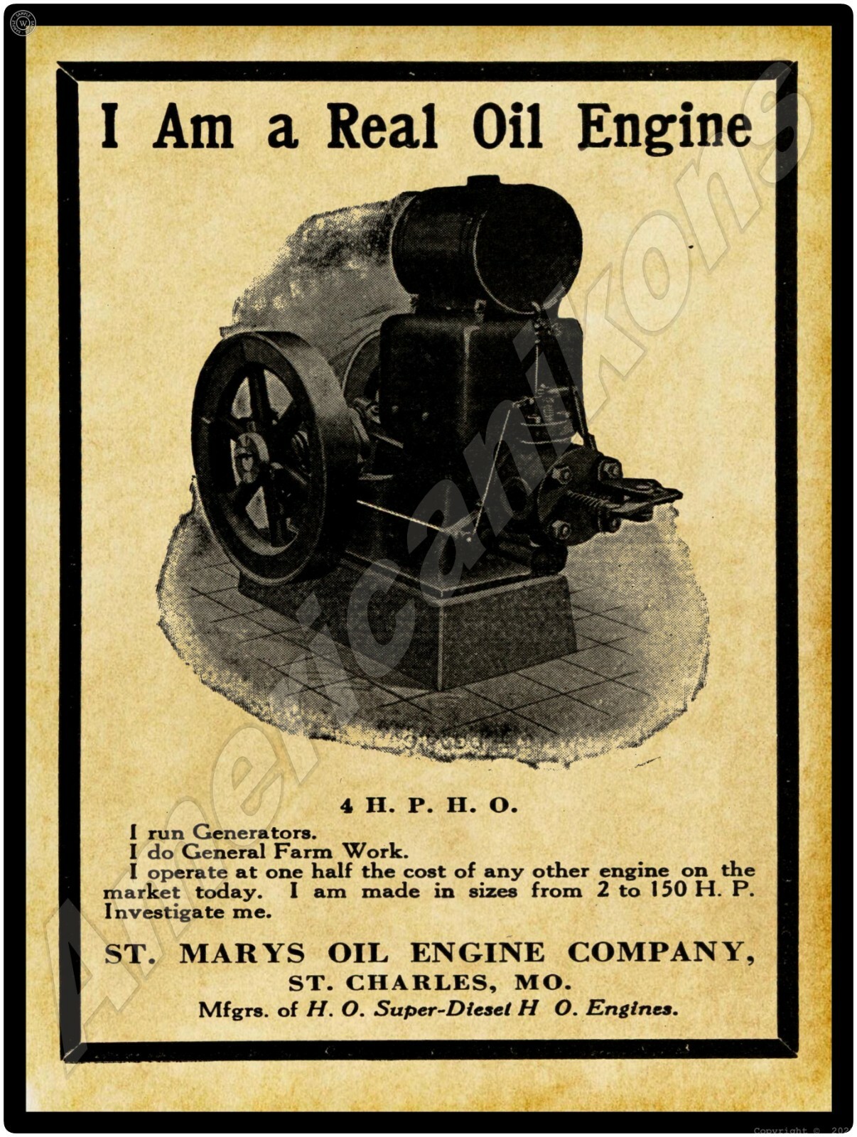 1916 St. Marys Gas Engines of St. Marys, OhiO New Metal Sign: Large Size