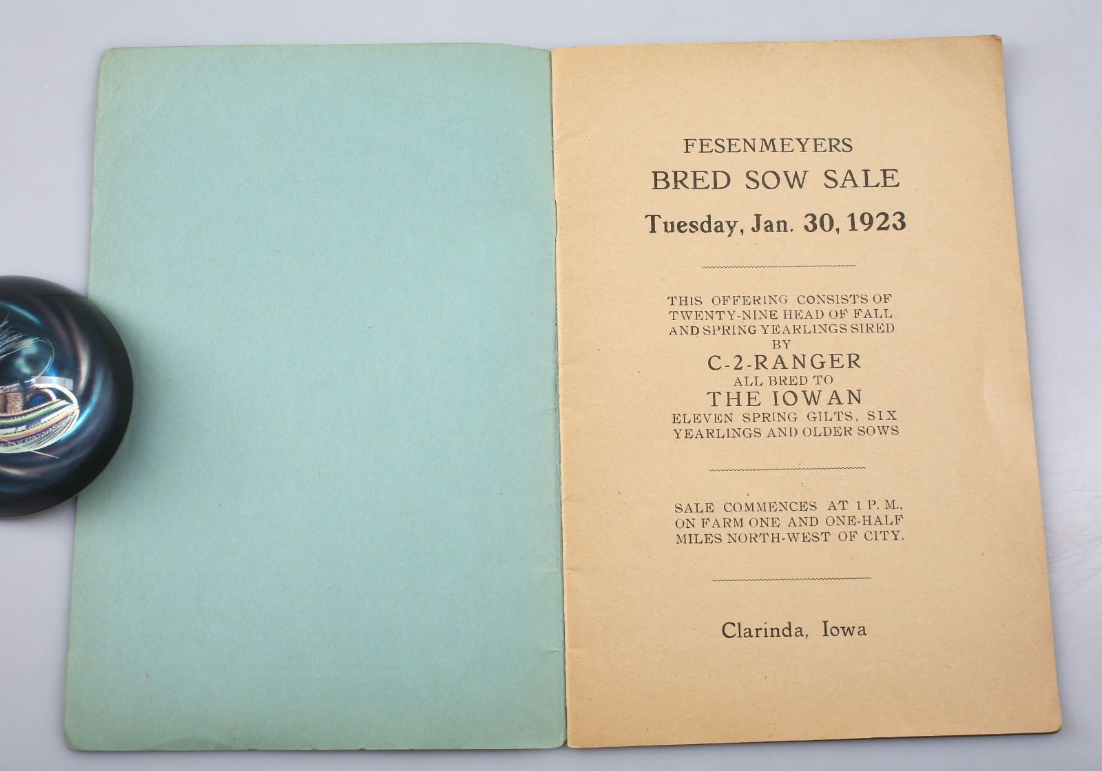 Vintage 1923 Fesenmeyer&rsquo;s Bred Sow Sale Catalog Clarinda Iowa