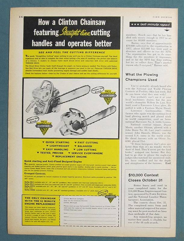 Original 1958 Clinton Chain Saw Ad Featuring the D-4 and 577 Models