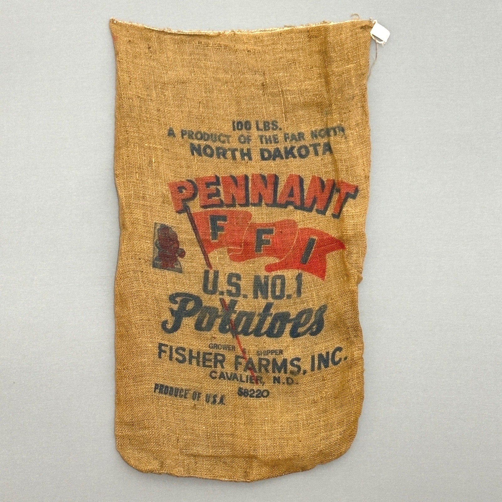 VTG Pennant FFI Potato Burlap Sack Fisher Farms ND 100 LB Farmhouse Rustic Decor