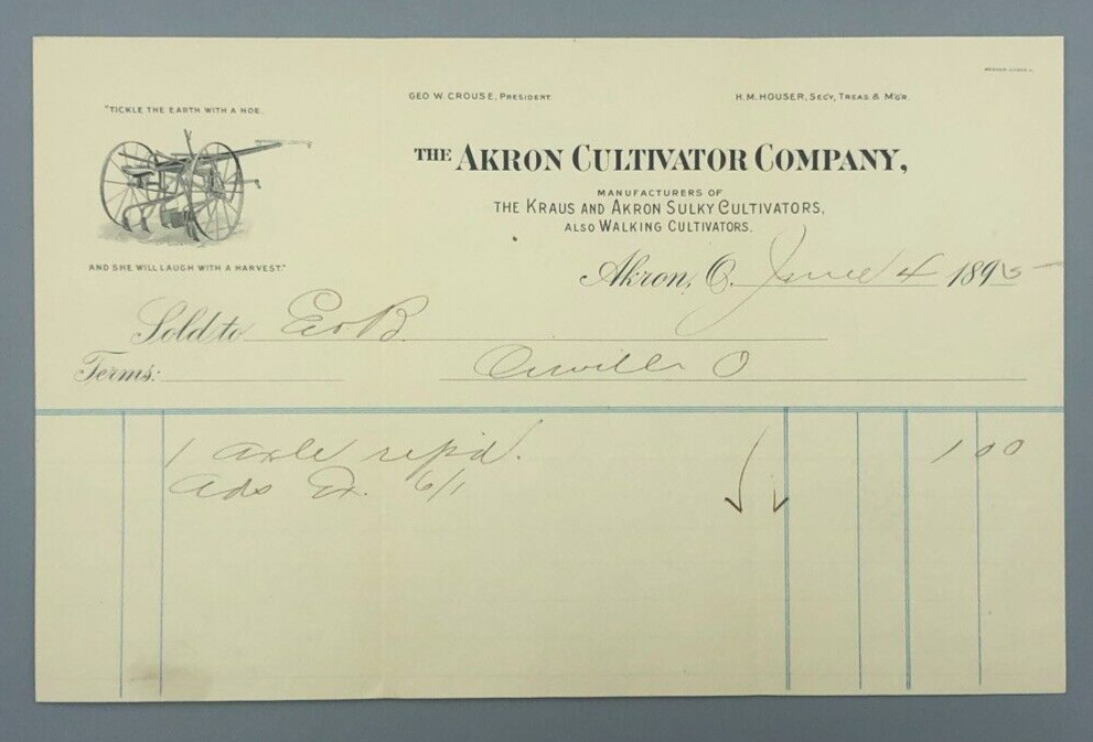 1895 AKRON CULTIVATOR Sulky KRAUS Plow Antique Receipt FARM Advertising Ohio