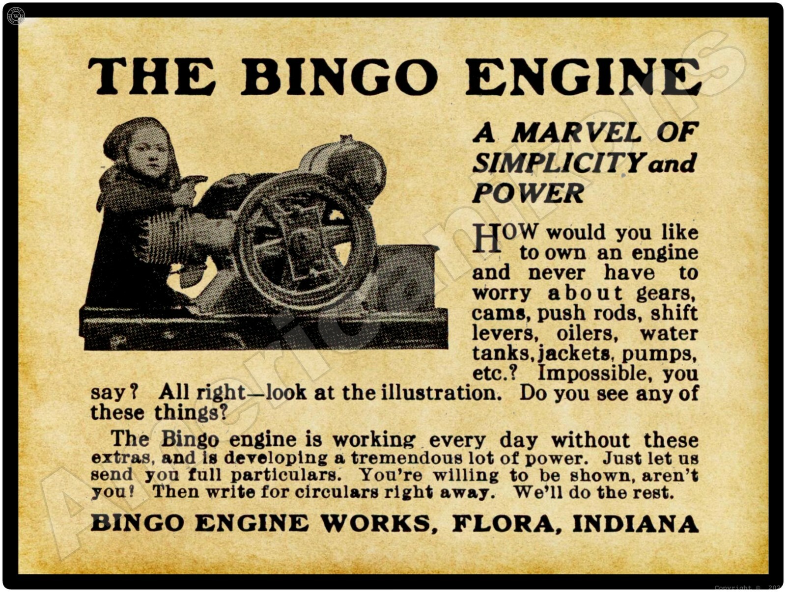 1915 Bingo Engine Works Gas Engines of Flora, Indiana New Metal Sign: Large Size