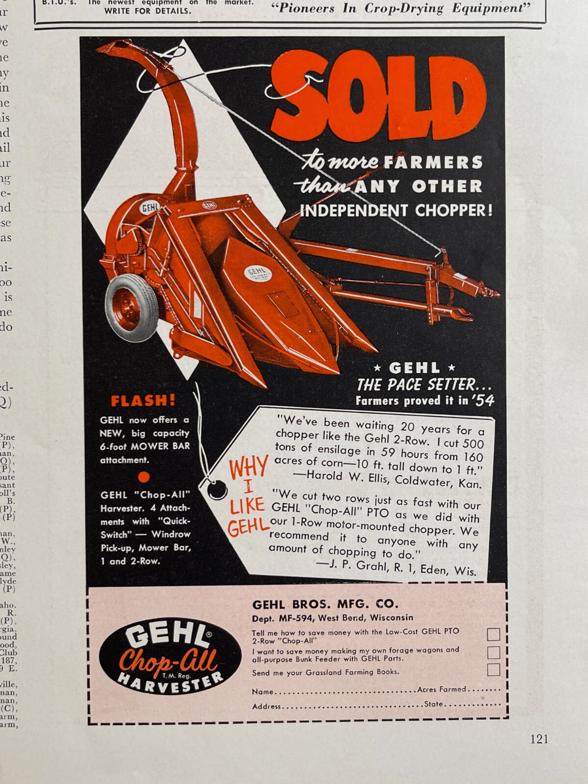 1954 GEHL Pull Type Forage Harvester – Original Print Advertisement (8in x 7in)