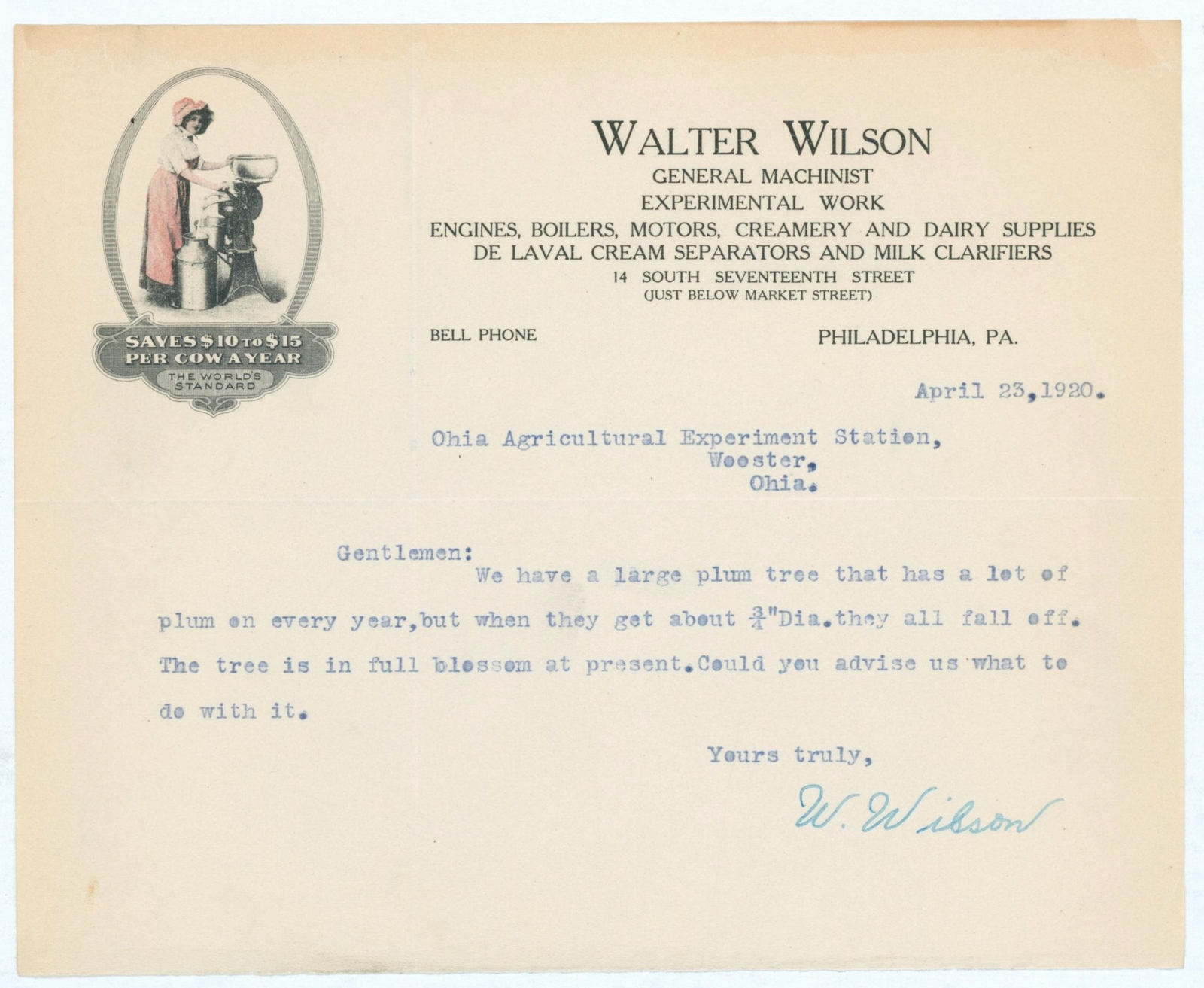 1920 Color Illustrated Letter Wilson DeLaval Cream Separator Philadelphia PA