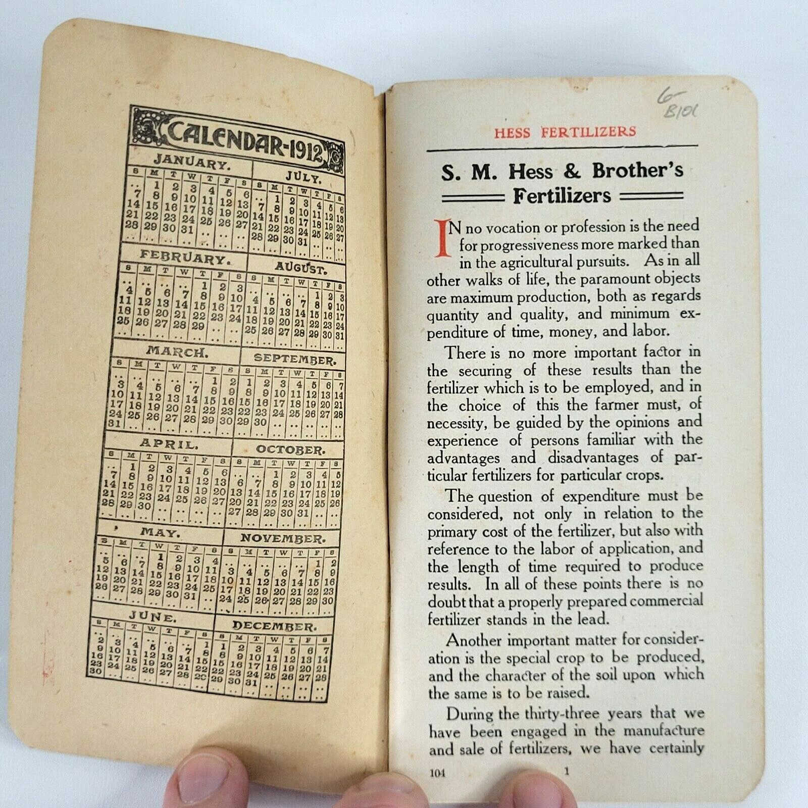 1912 SM Hess Fertilizers Manure Keystone Pocket Guide Calendar Ads Philadelphia