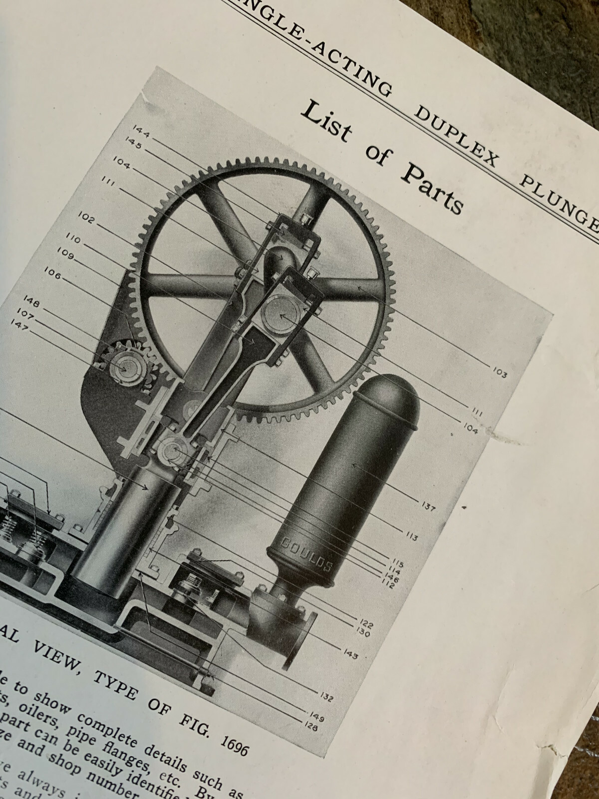 GOULDS DUPLEX PLUNGE ENGINE ONE PAGE Ad 1919 LIST OF PARTS SINGLE PAGE AD FORM