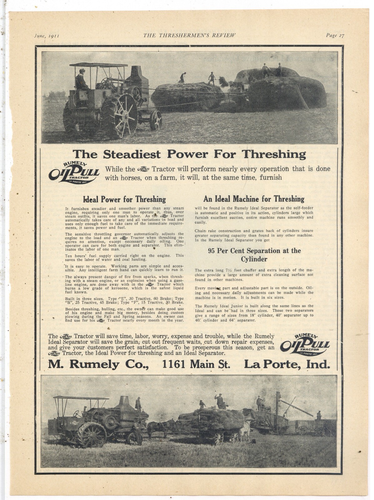 1911 M. Rumely Co. Ad: Oil Pull Tractor – Steadiest for Threshing – La Porte, IN