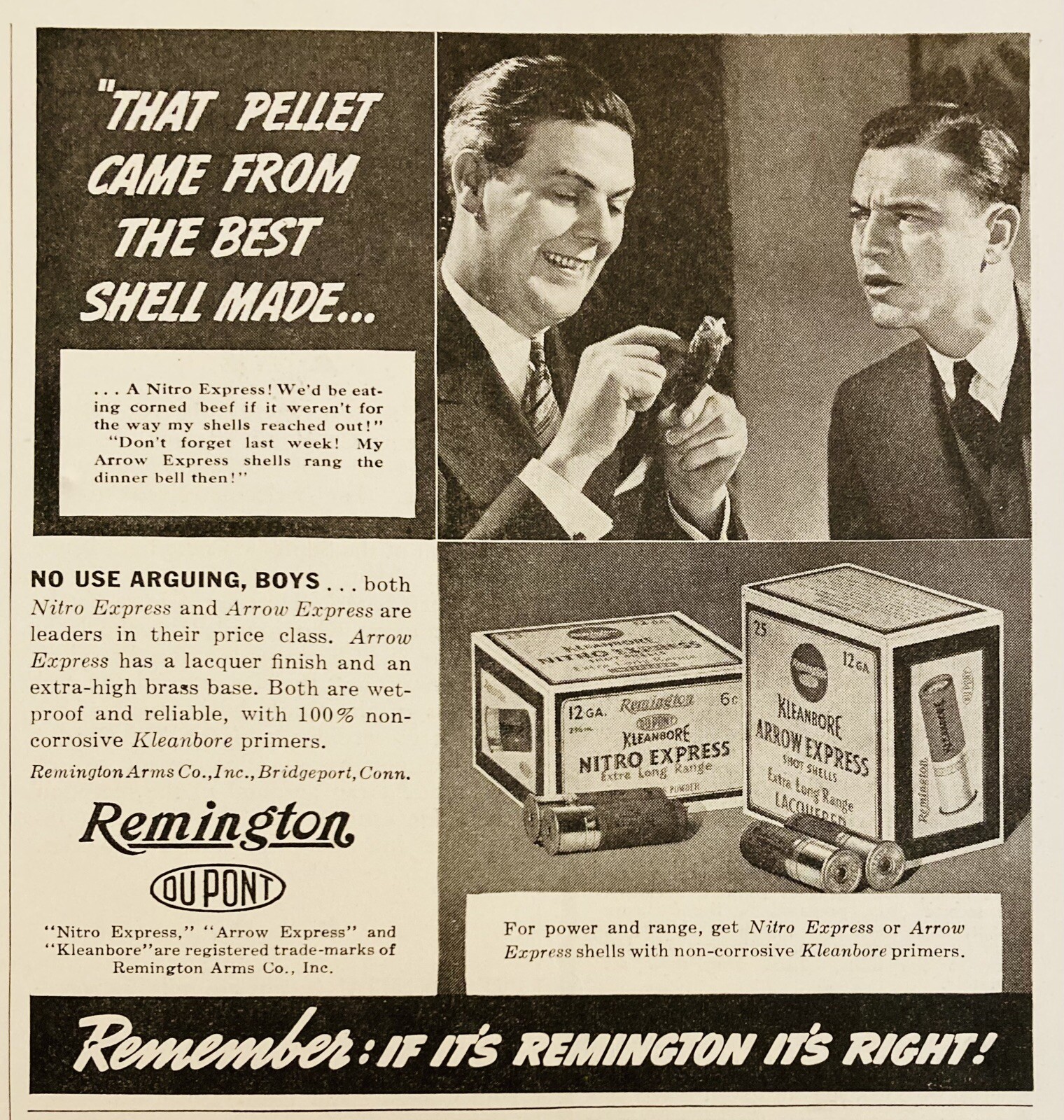 1937 AD.(XH81)~REMINGTON ARMS CO. BRIDGEPORT, CONN. NITRO & ARROW EXPRESS SHELLS