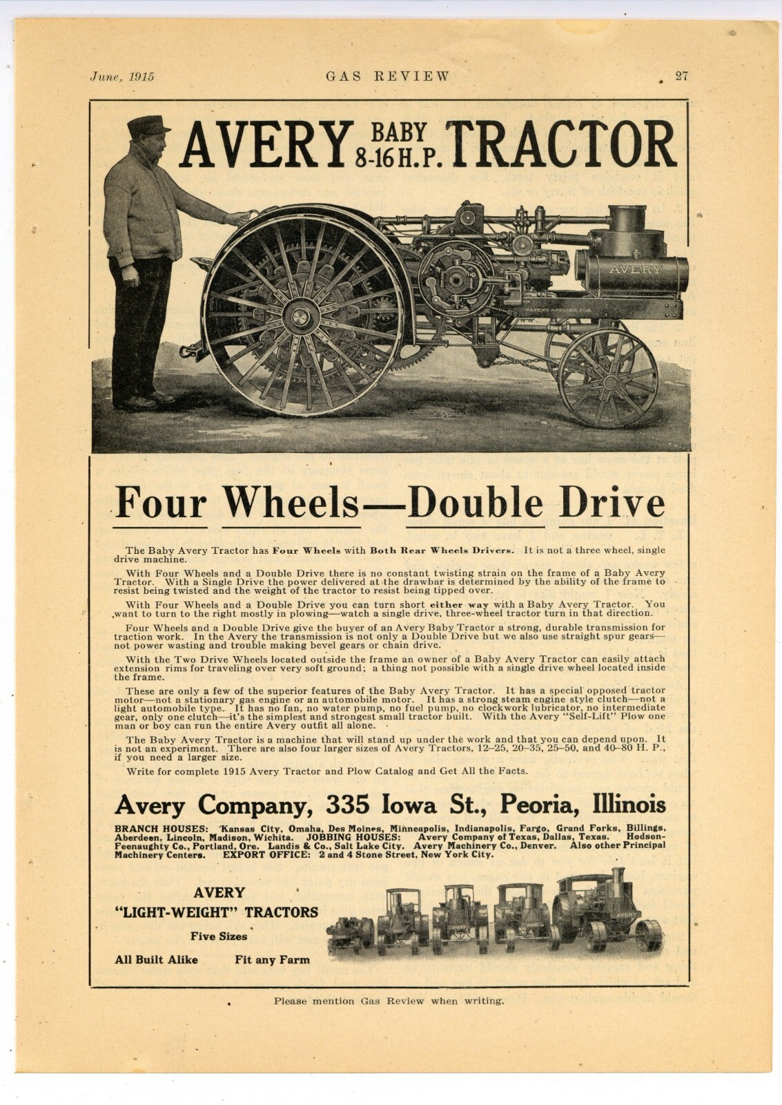 1915 Avery Tractors Ad: Baby 8-16 Two Wheel Drive Tractor – Peoria, Illinois
