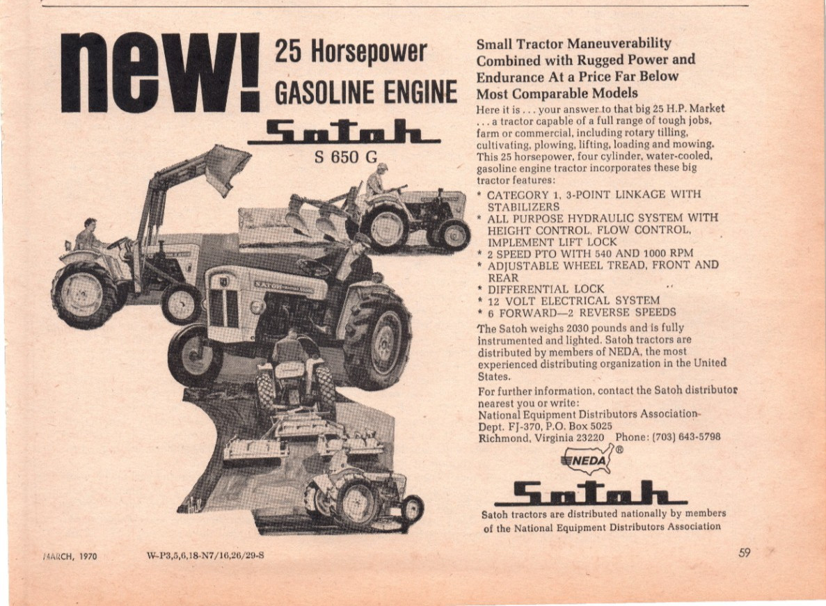 1971 Satoh S 650 G Farm Tractor 70&rsquo;s Vintage Print Ad