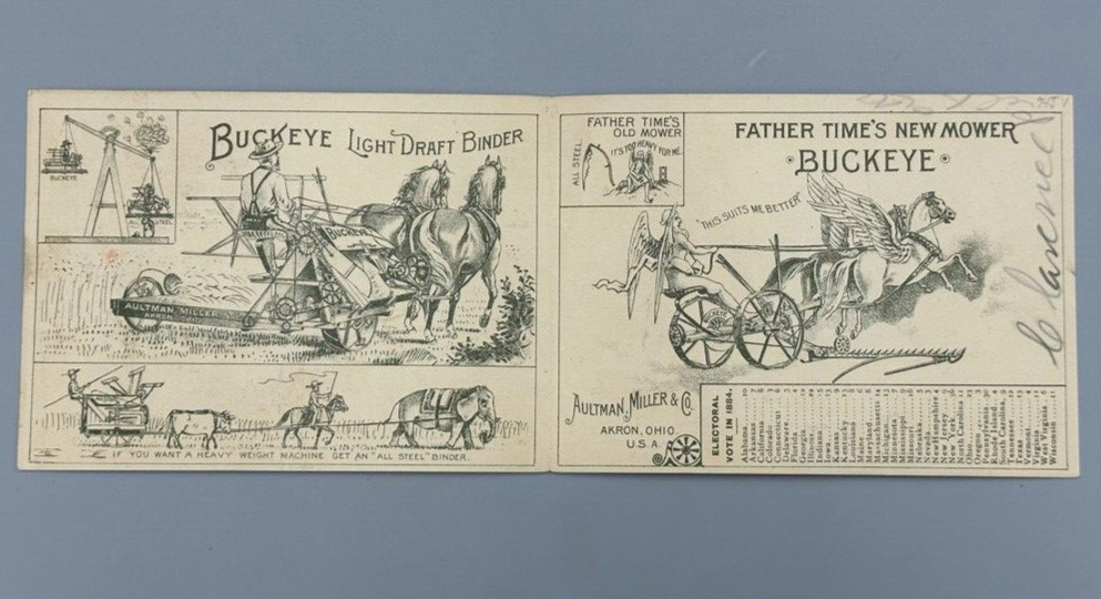 1888 BUCKEYE MOWER Farm Advertising Fold Trade Card PRESIDENT HARRISON CLEVELAND