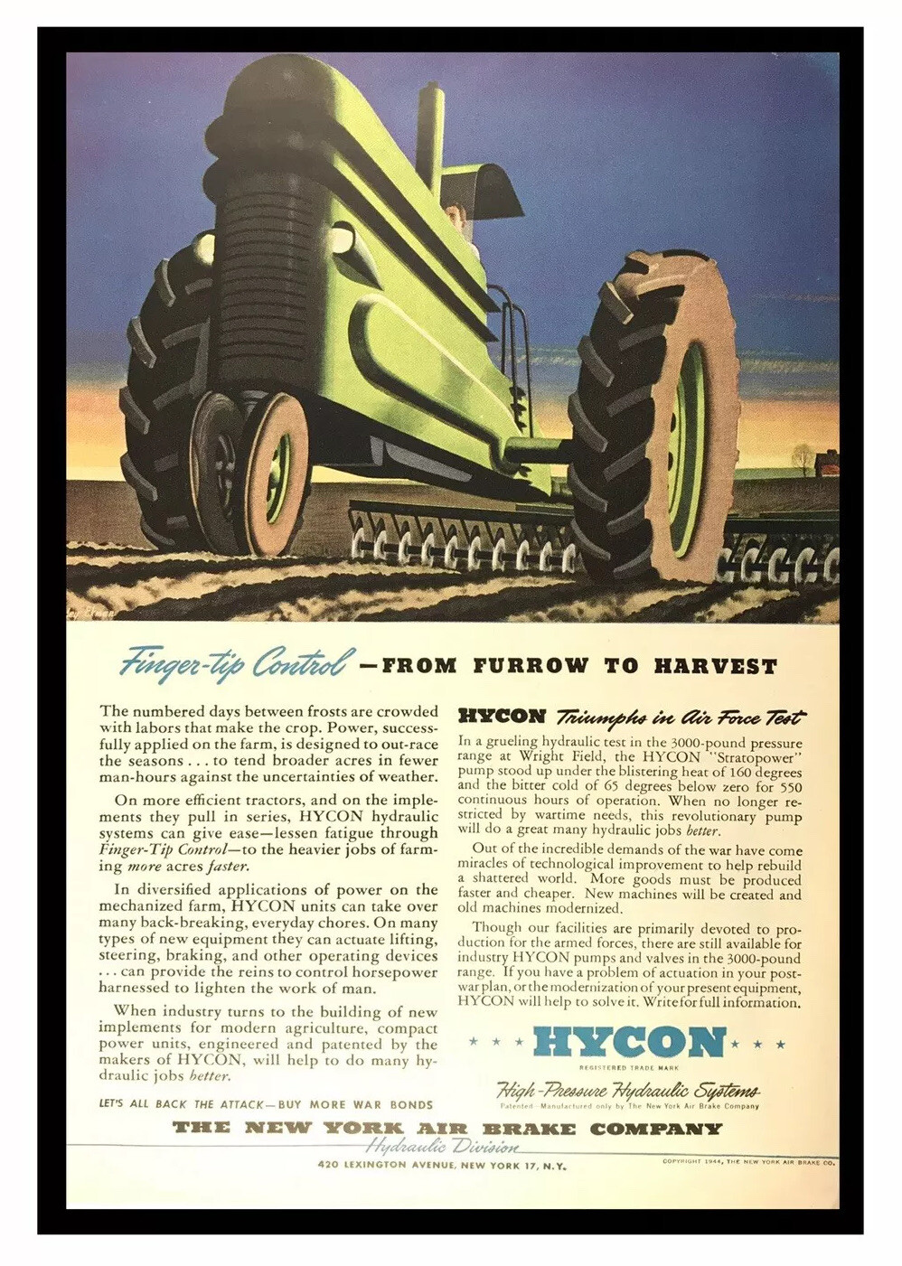 1944 WW2 Ad NY Air Brake Co Hydraulics More Efficient Tractors S. Ekman Art