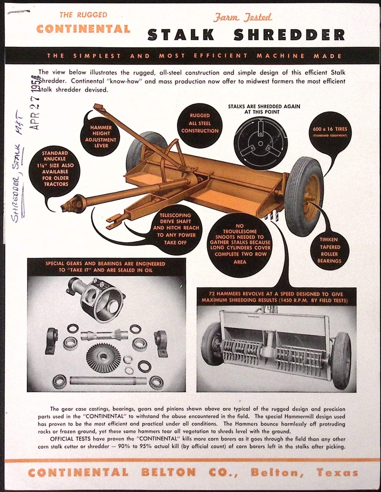 1954 The Rugged Continental Farm Tested Stalk Shredder Sales Brochure