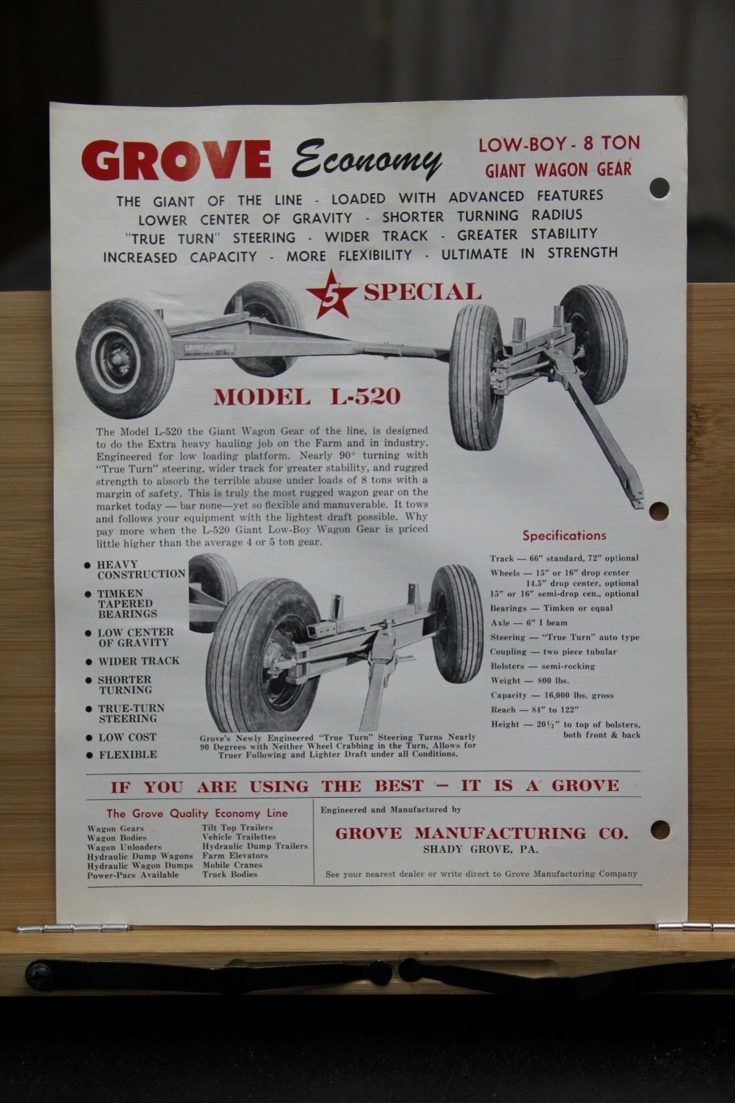 Brochure Dealer Grove Manufacturing Co Shady Grove Pennsylvania PA Low Boy auto