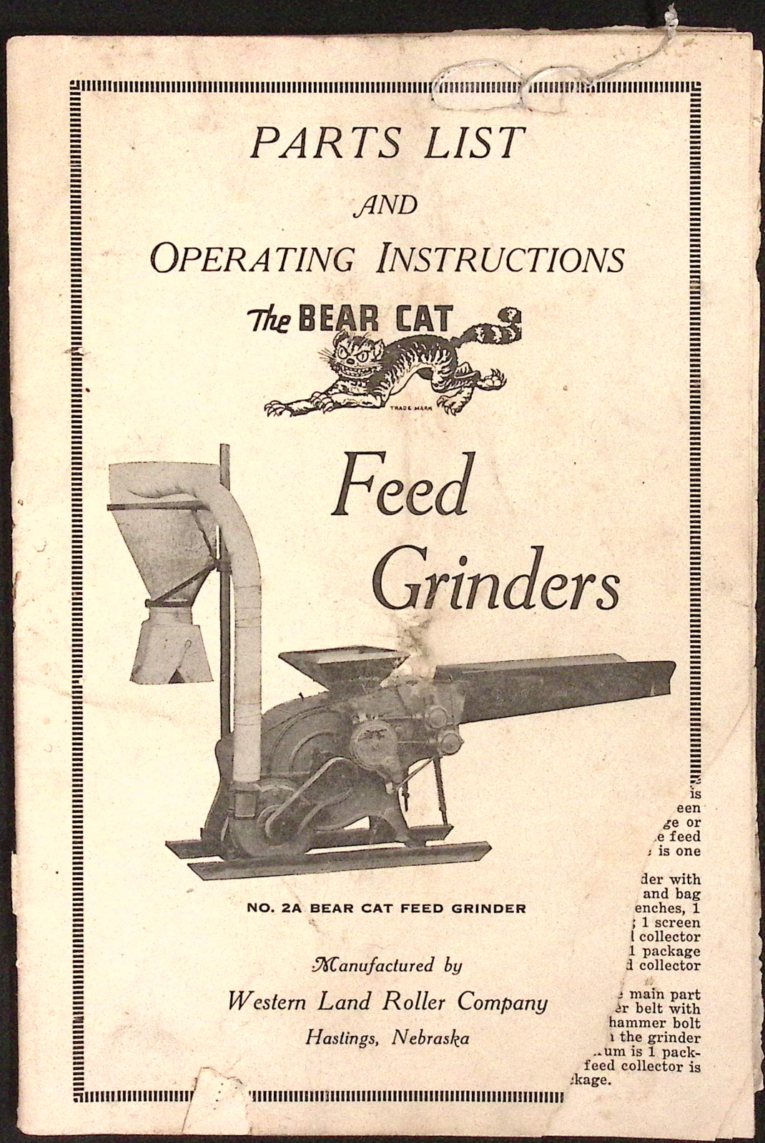 No. 2A Bear Cat Feed Grinder Parts List Western Land Roller Co Hastings NE c1950