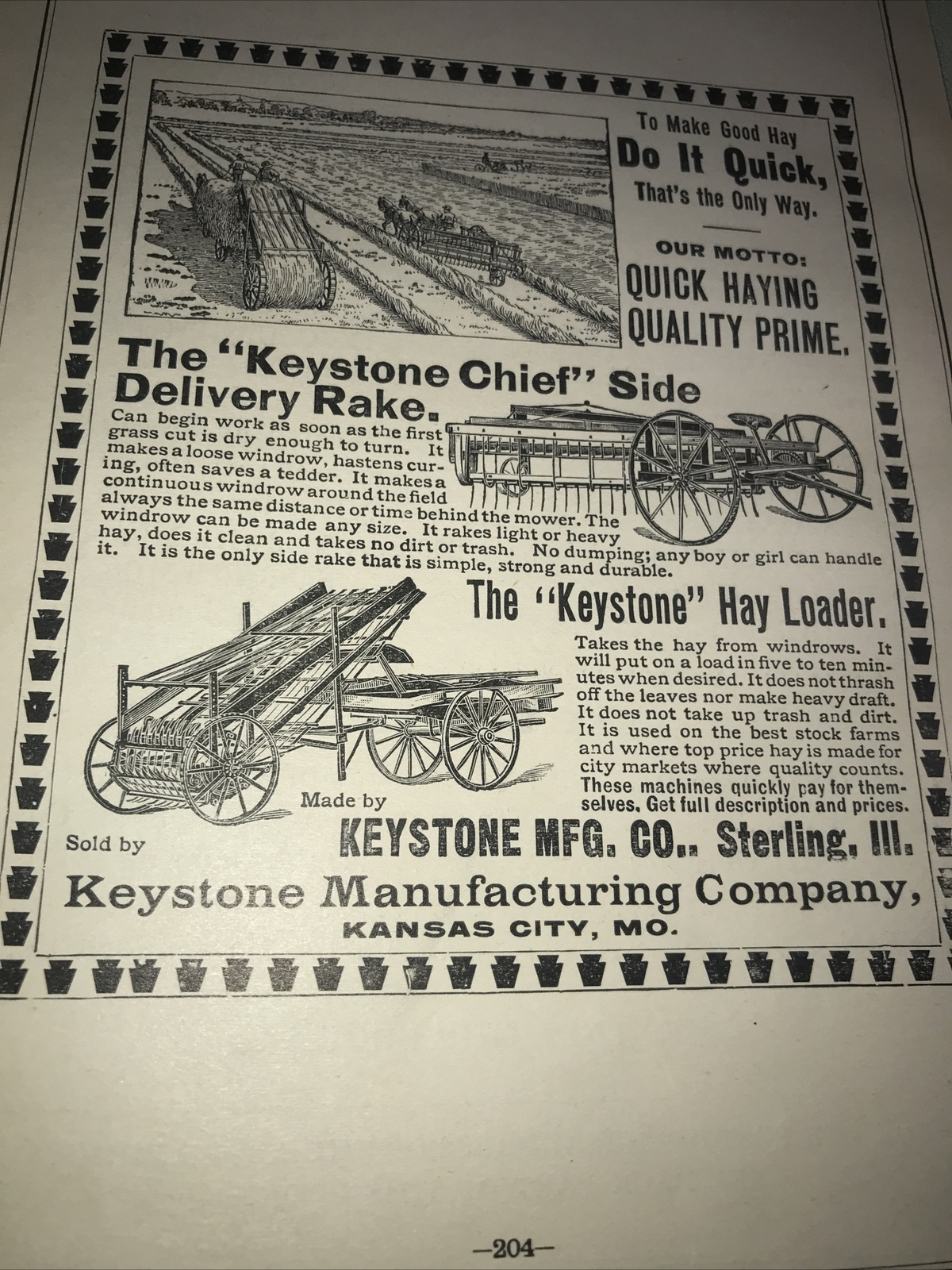 1898 Keystone Farm Advertising – Sterling – Illinois & Kansas City – Missouri