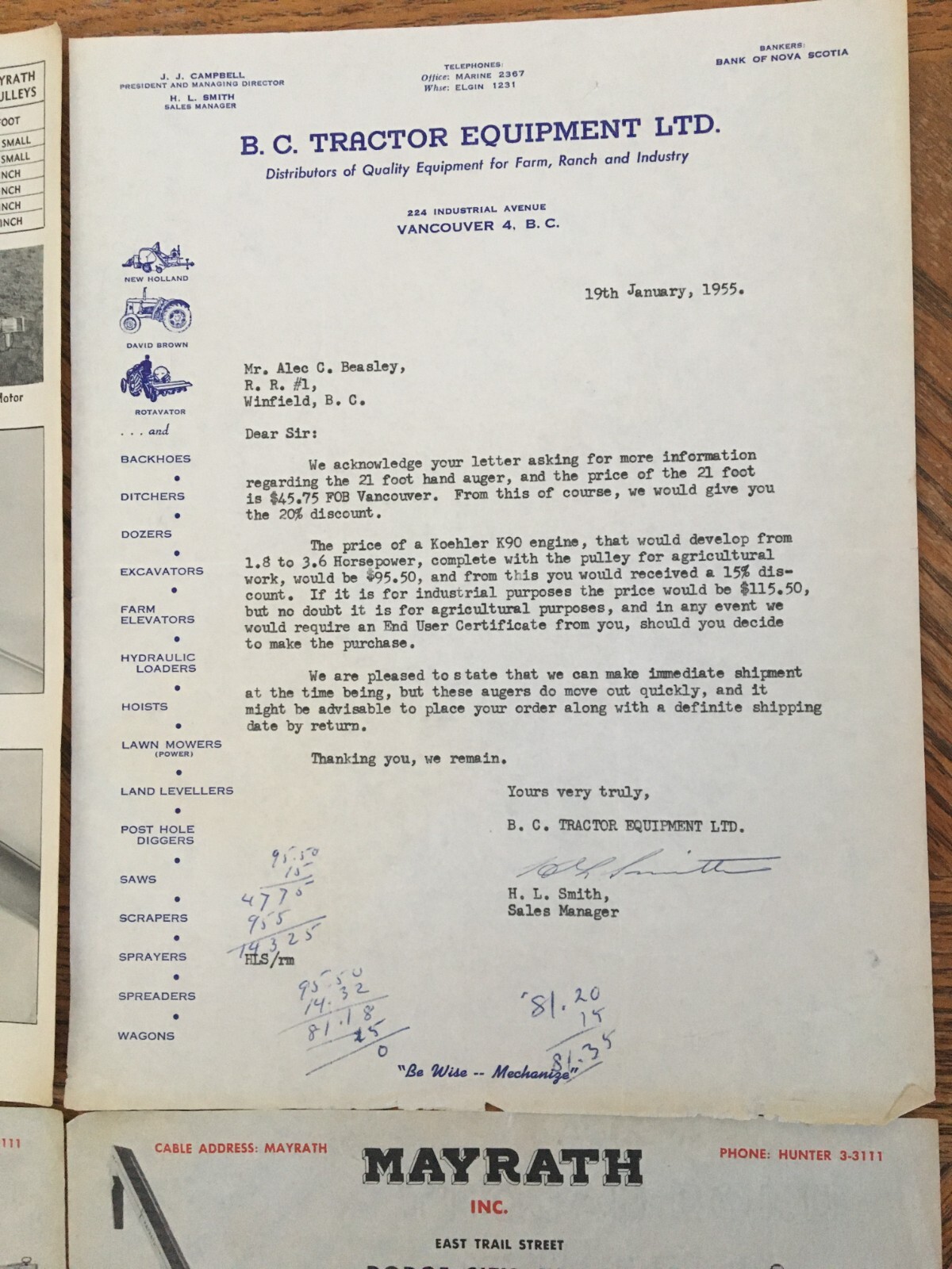Mayrath JuniorAugers Farm Machinery Letters Receipt 1955 Kelowna BC Cattle Ranch
