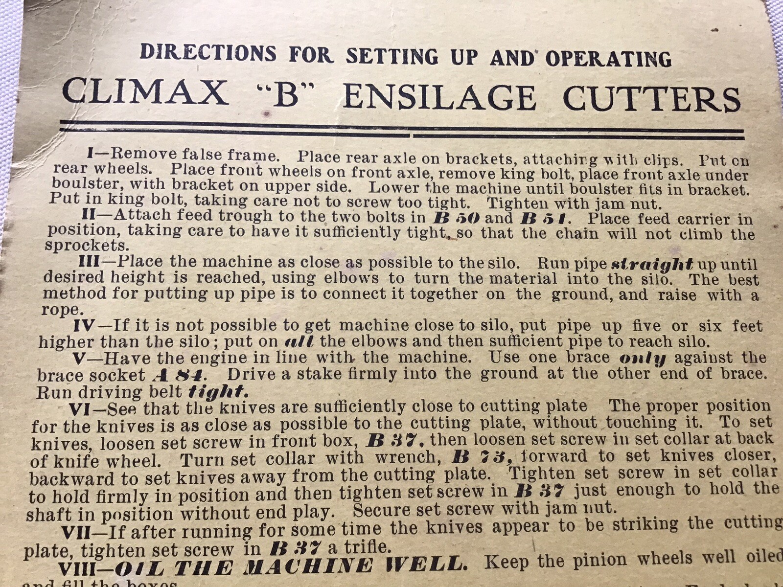 Vintage Cardboard Directions For Climax « B » Warsaw-Wilkinson Ensilage Cutters