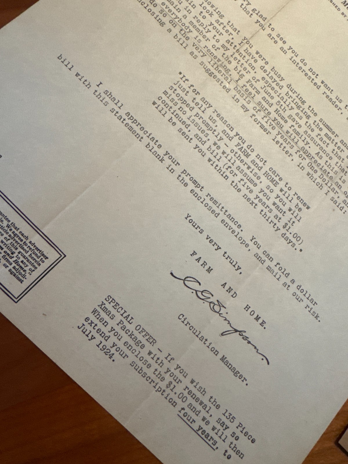 FREE SHIP! 1920 Farm and Home Subscription Letter and Original Envelope