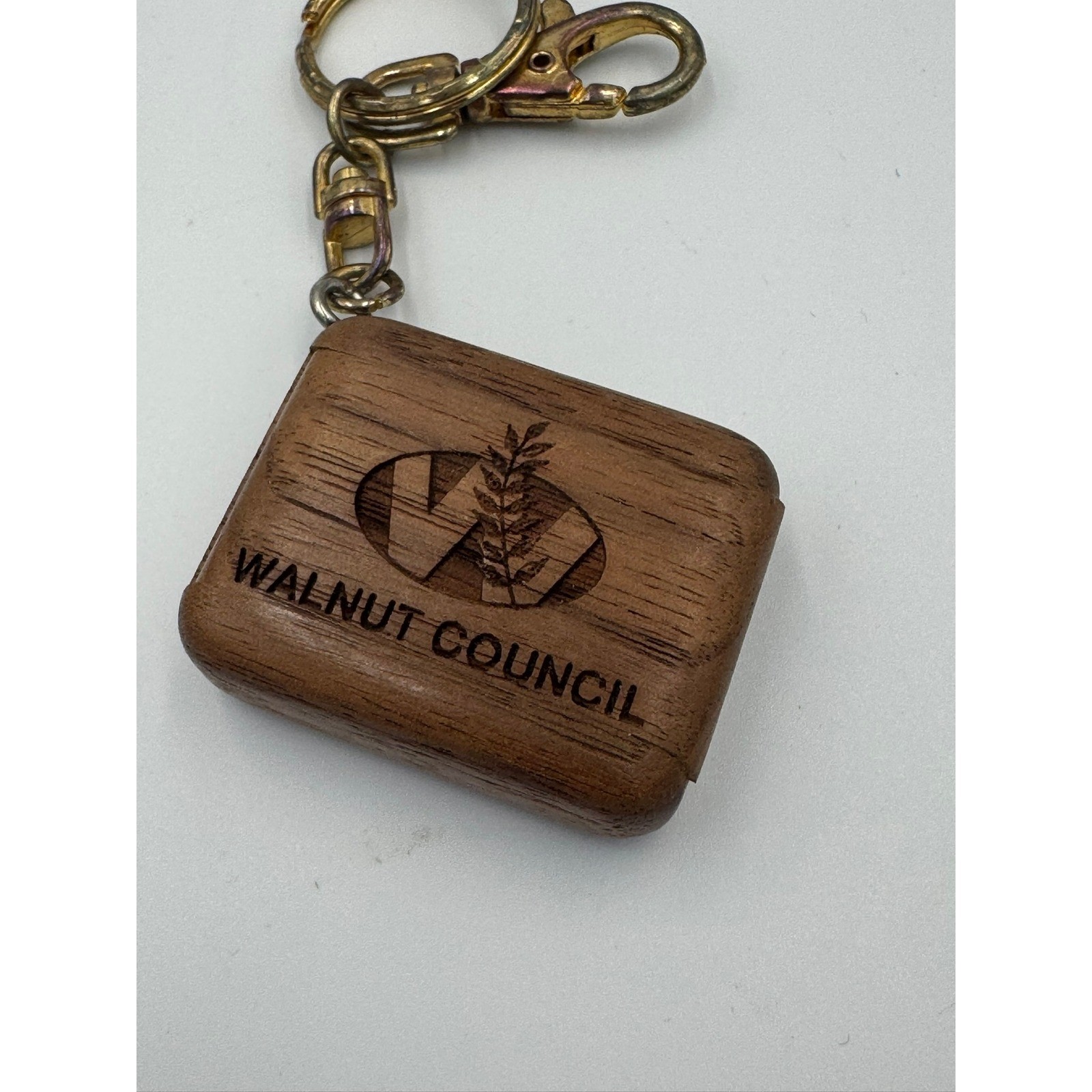 Walnut Council Wooden Sliding Box Keychain Engraved Logo Brown Gold Tone Clasp
