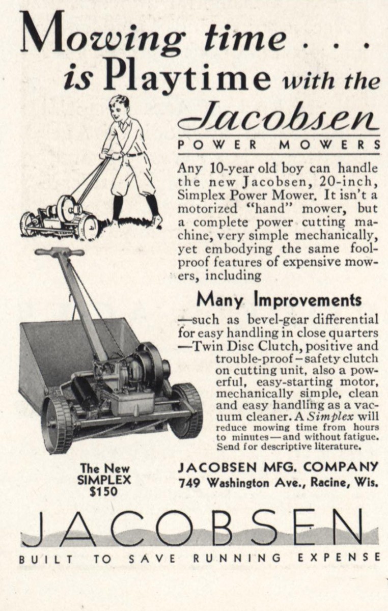 1932 Jacobsen Power Mower: Mowing Time Is Playtime Vintage Print Ad