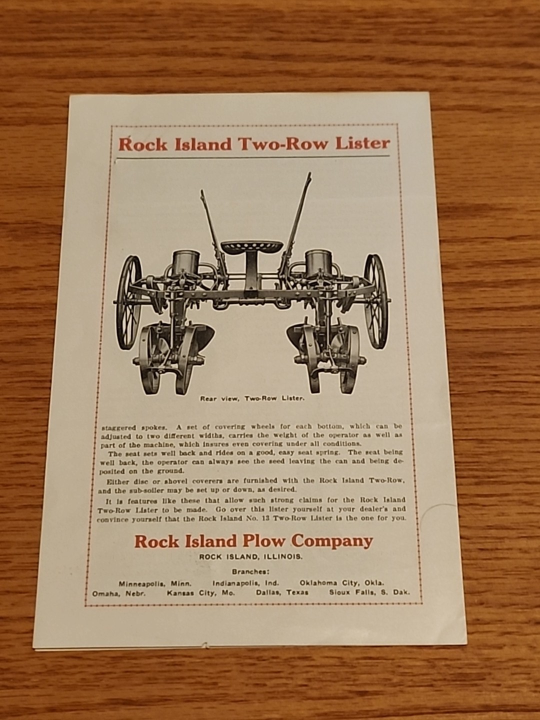 Rock Island Plow Company Sales Brochure Two Row Lister