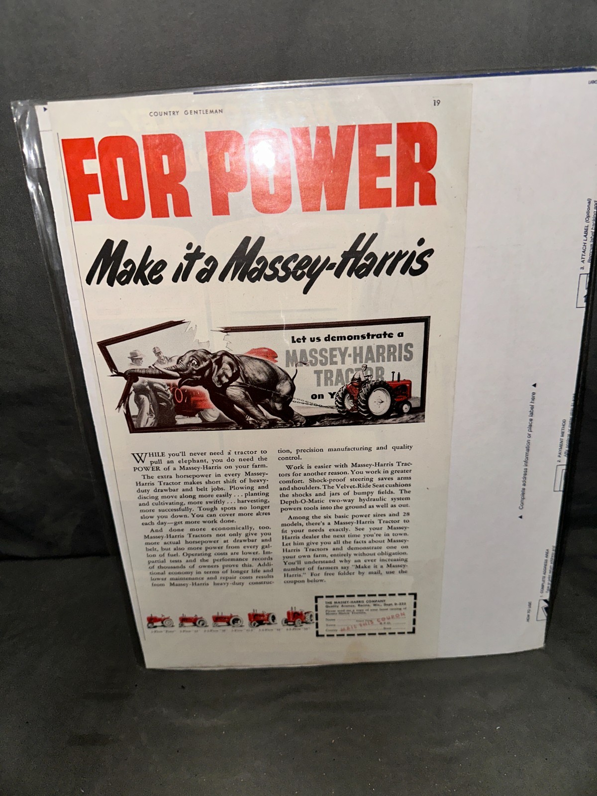 Vintage « For Power – Make It a Massey Harris » Tractor Ad