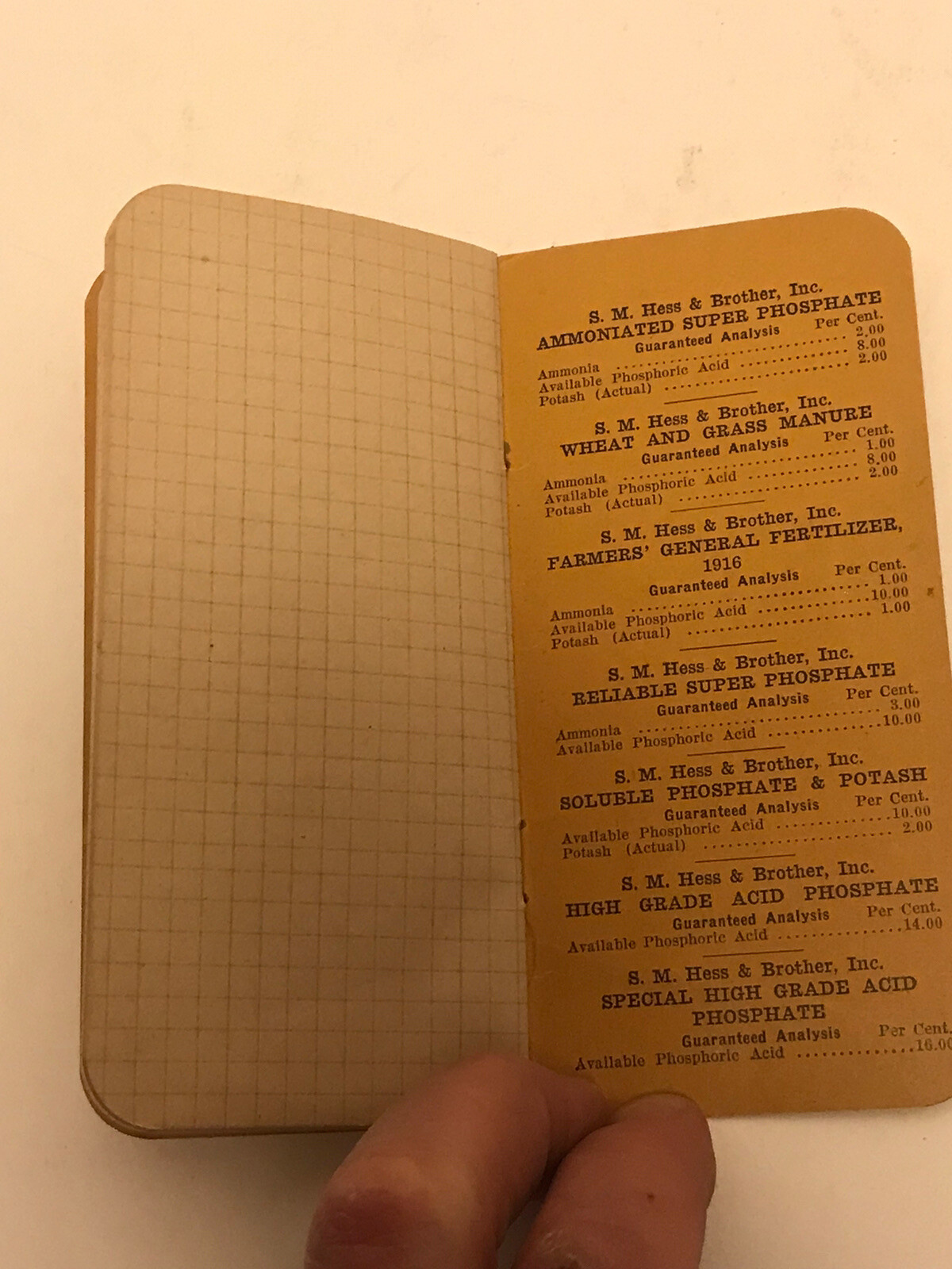 1922 Hess Sm Hess & Brother High Grade Fertilizer Book Chart Philadelphia Pa 🌙