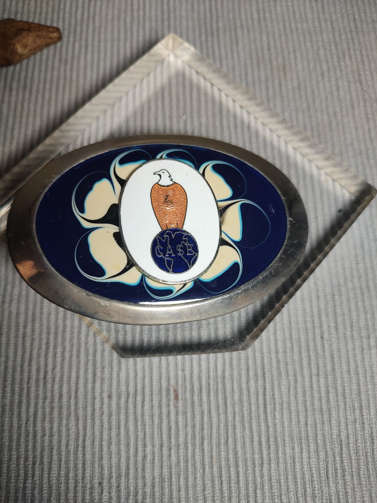 Case Colored Blue & WhiteBelt Buckle with Eagle Silvertone 3.5&Prime;