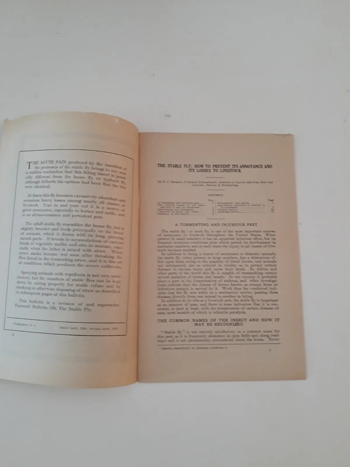 Vtg Farmers Bulletin US Dept of Agriculture No 1097 The Stable Fly Pest 1931 jj