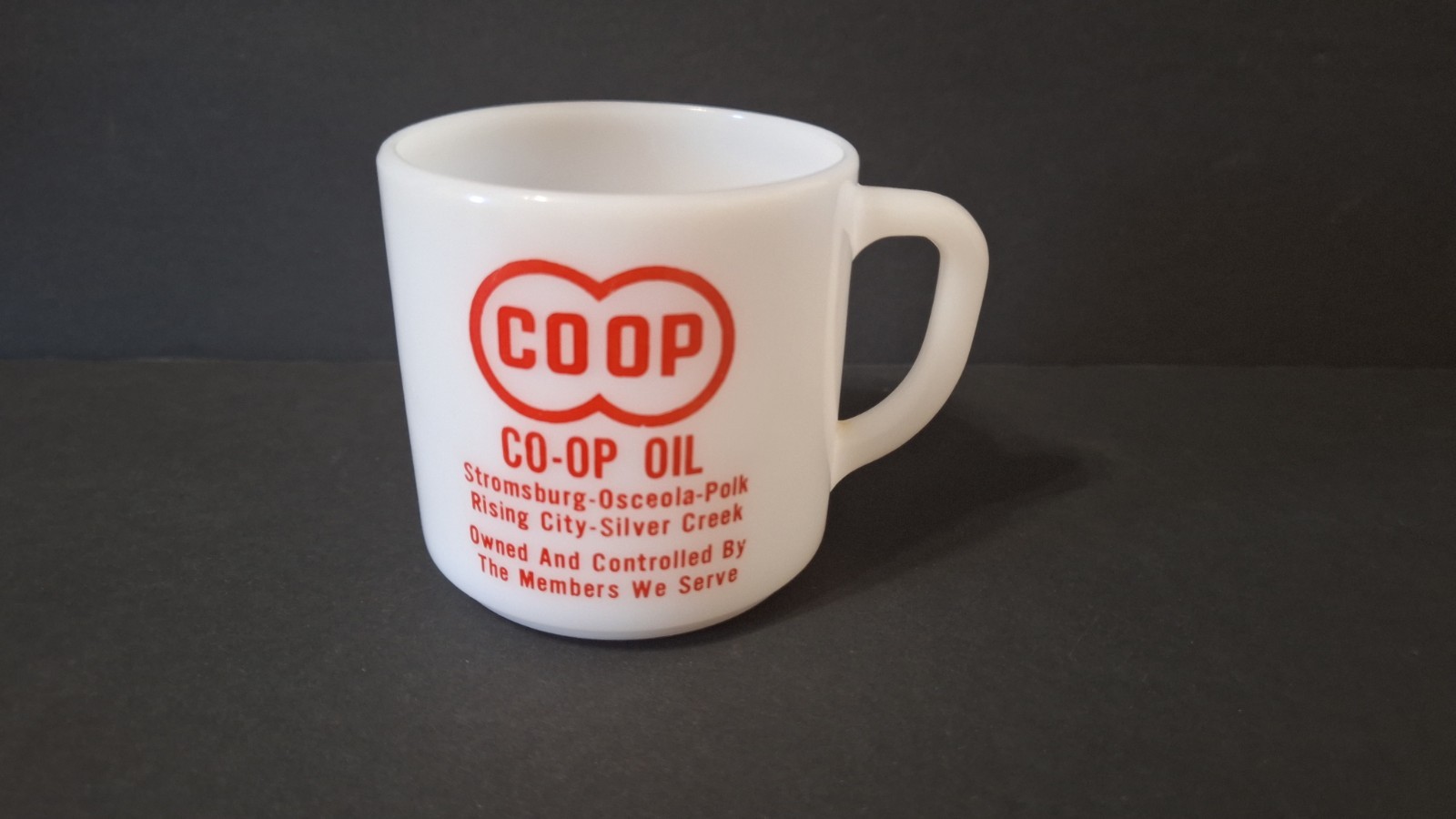 Vtg CO-OP OIL Milk Glass Mug Stromberg Osceola Polk Rising Silver Creek NEBRASKA