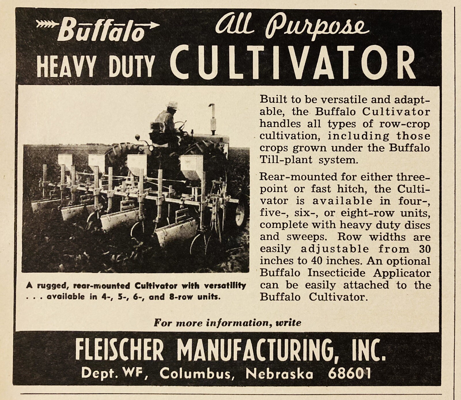 1969 AD.(XH78)~FLEISCHER MFG. CO. COLUMBUS, NE. “BUFFALO” ALL PURPOSE CULTIVATOR