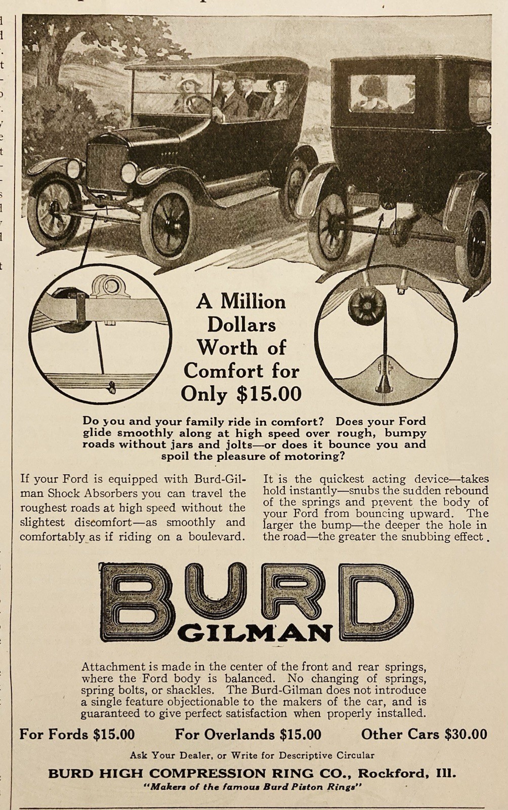 1924 AD.(XH82)~BURD HIGH COMPRESSION RING CO. ROCKFORD, ILL. BURD-GILMAN SHOCKS
