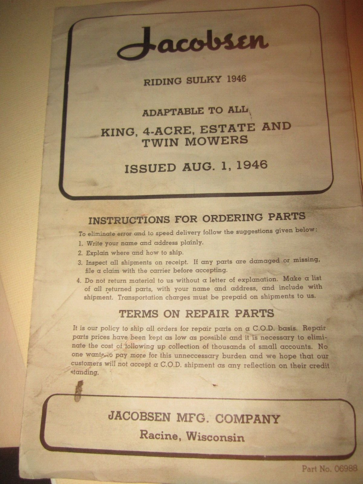 1946 Jacobsen Lawn KING MOWERS Riding Sulky Attachment BROUCHERE MANUAL