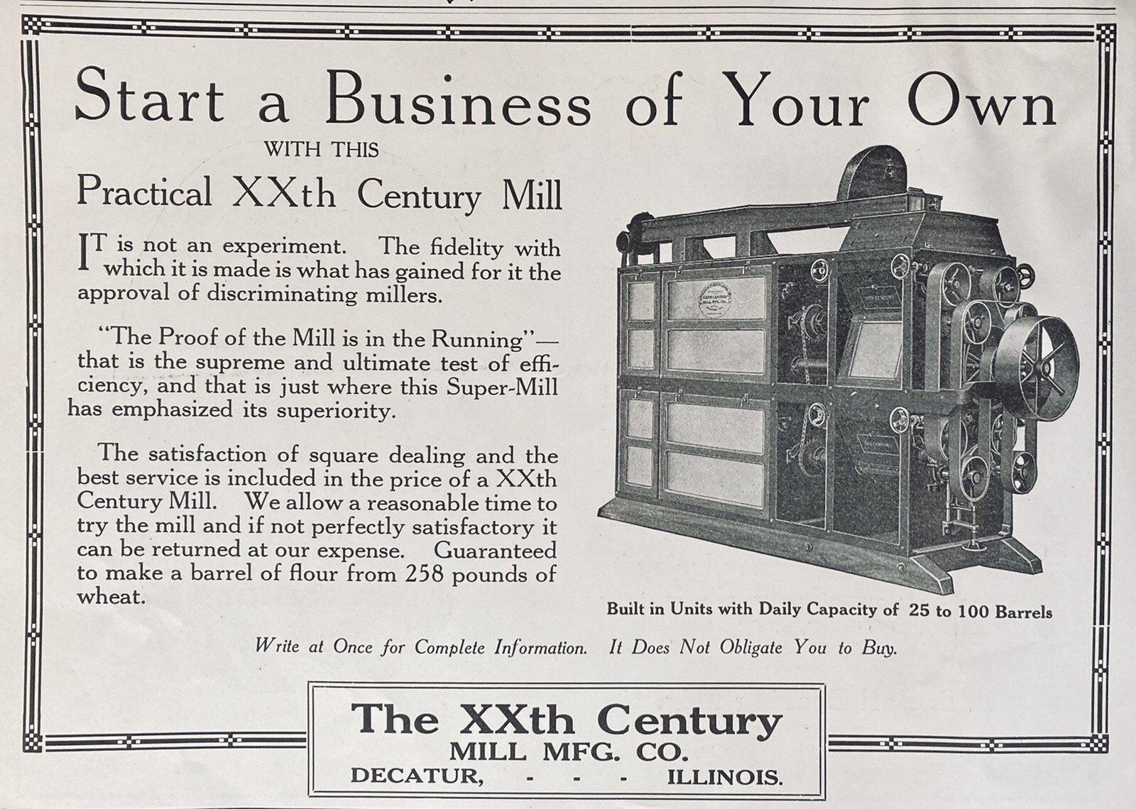 1919 AD.(XG18)~THE XXth CENTURY MILL MFG. CO. DECATUR, IL. FLOUR MILLING MACHINE