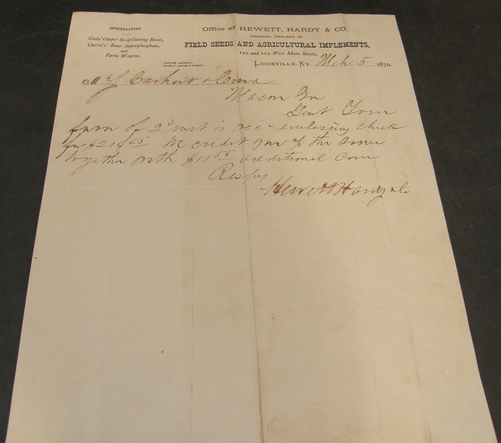 ANTIQUE LETTERHEAD HEWETT HARDY CO SEEDS & AGRICULTURAL IMPLEMENTS LOUISVILLE KY