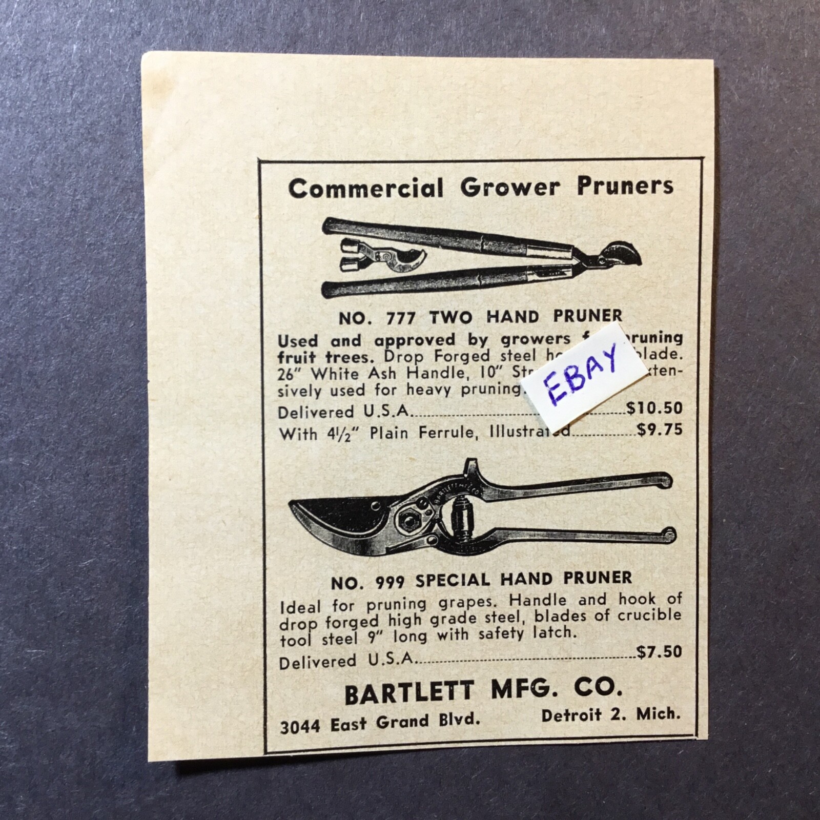 1962 Ad. Bartlett MFG. Co. Detriot, Michigan. Comercial Growers Pruners