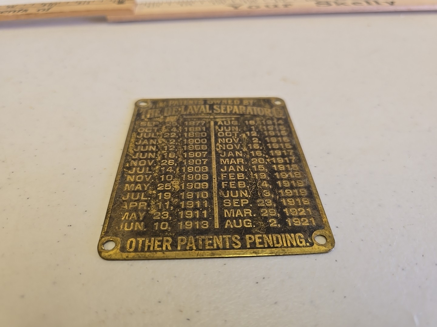 Antique De Laval Seperator Co Advertising 1921 Brass Patent List Badge Emblem