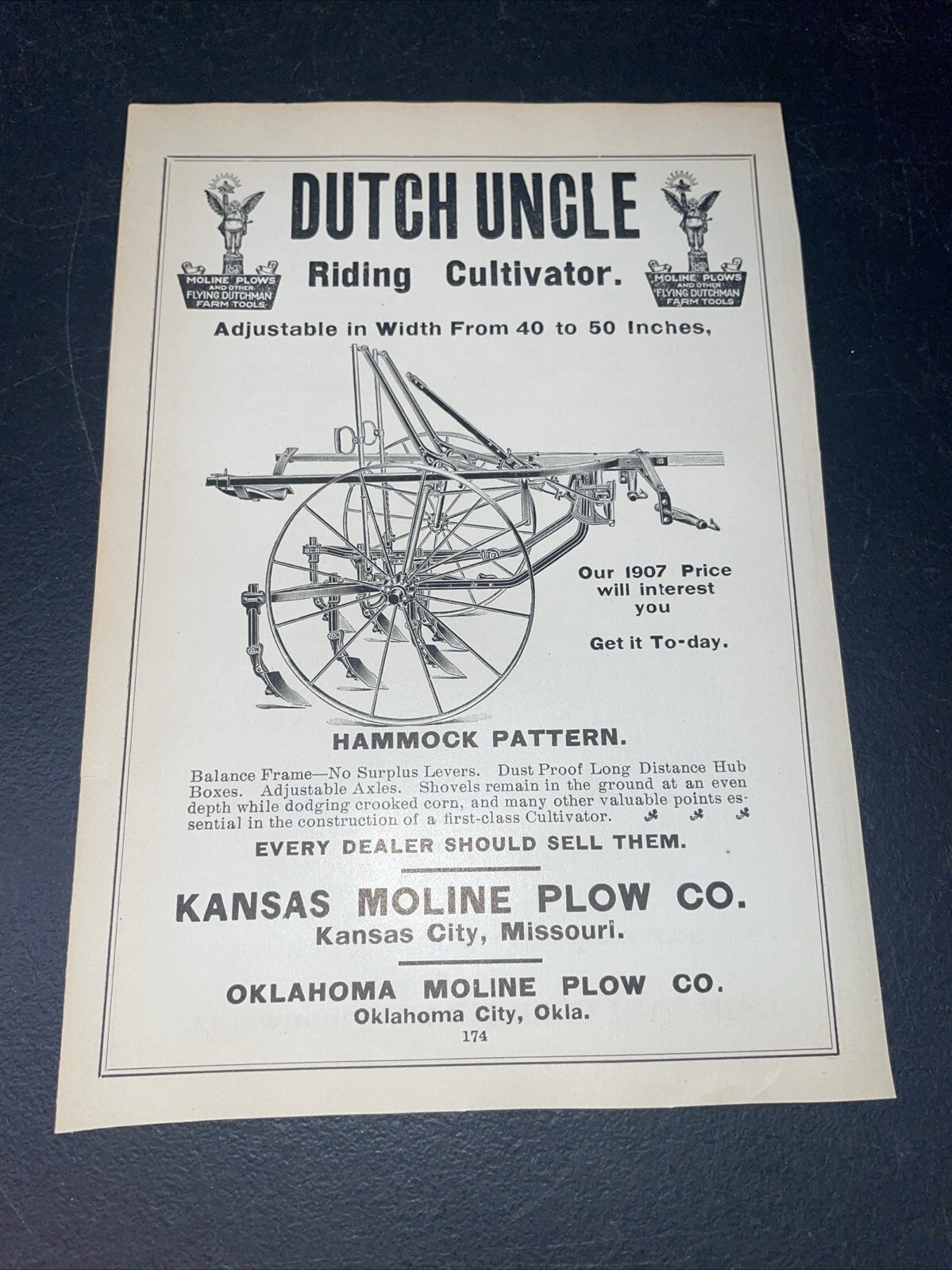 ORIGINAL 1907 Kansas Moline Plow DUTCH UNCLE Farm Implement Advertising
